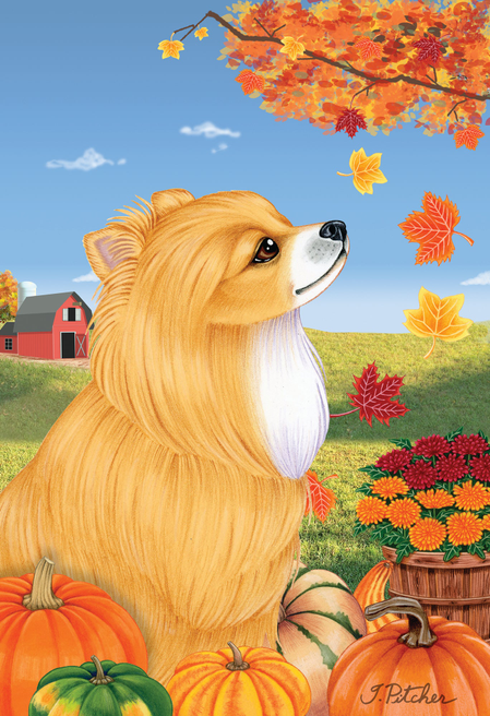 Autumn-themed outdoor flag with golden Pomeranian portrait and falling leaves