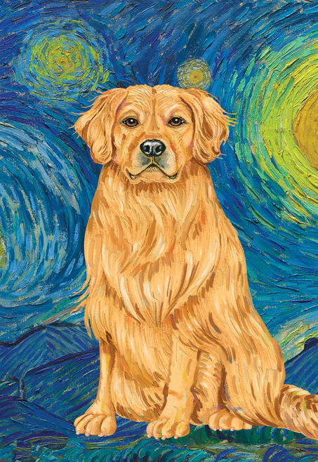 Golden dog portrait garden flag with painterly blue green background