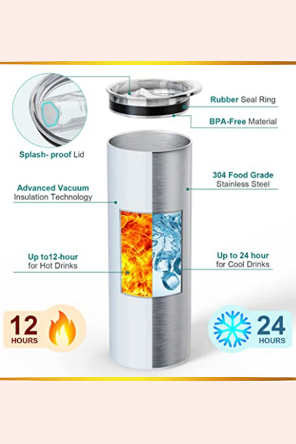 20oz stainless steel skinny tumbler with splash-proof lid, vacuum insulation, blue and orange graphic