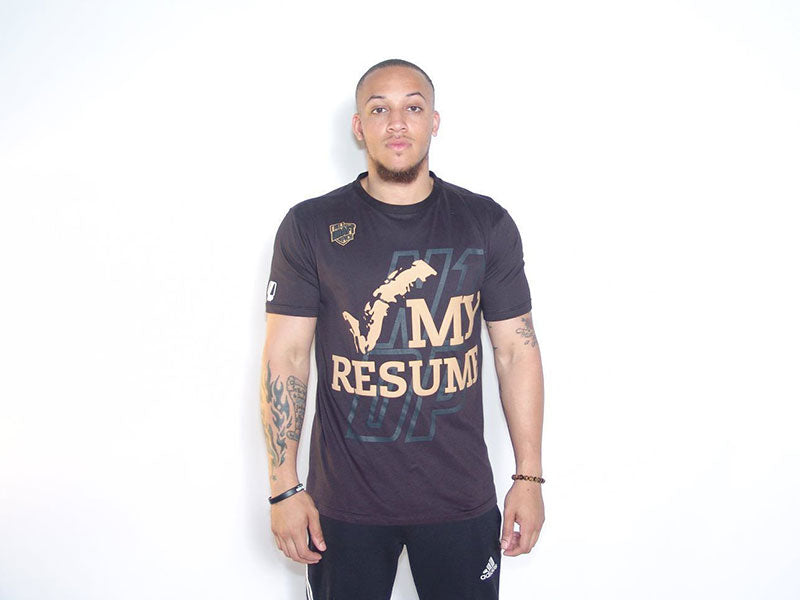Black graphic T-shirt with large "MY RESUME UP" text design