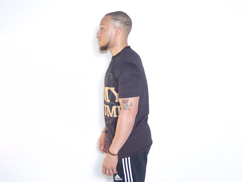Black graphic T-shirt with front design panel and side seam view