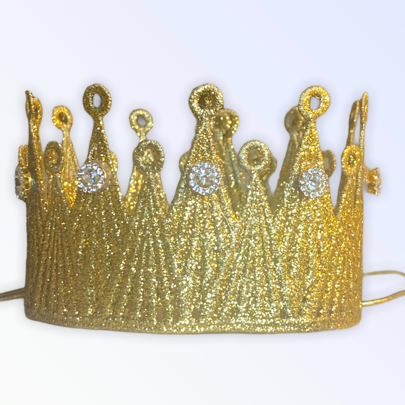 Gold glitter party crown with crown points and sparkling gem-like heart details