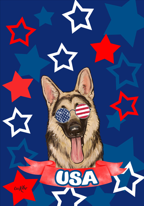 Patriotic house flag with German shepherd face, USA text, red white blue stars