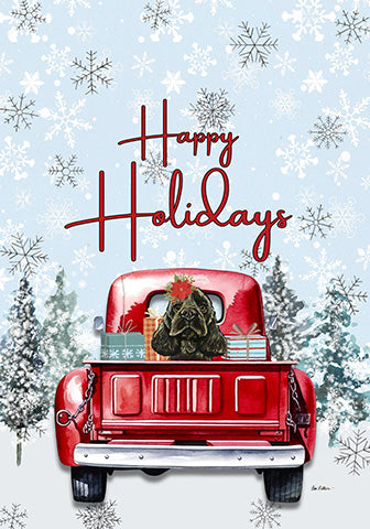 Garden flag showing 'Happy Holidays' with red truck and black cocker spaniel