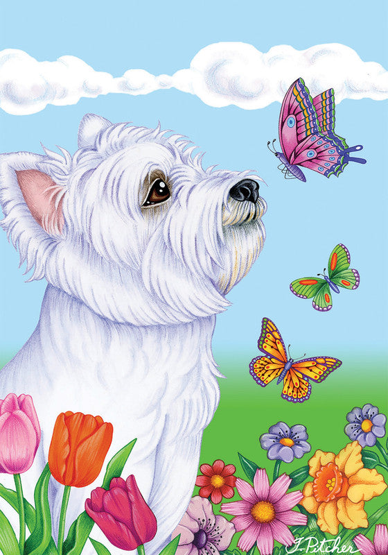 Garden flag with white Westie dog, colorful butterflies, and spring flowers
