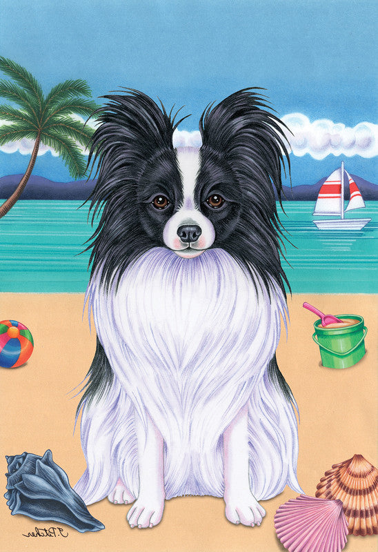 Black-and-white dog welcome house flag with beach scene illustration