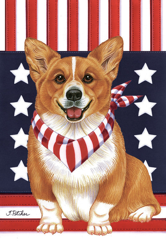 Patriot garden flag featuring a Pembroke Welsh corgi with stars-and-stripes backdrop
