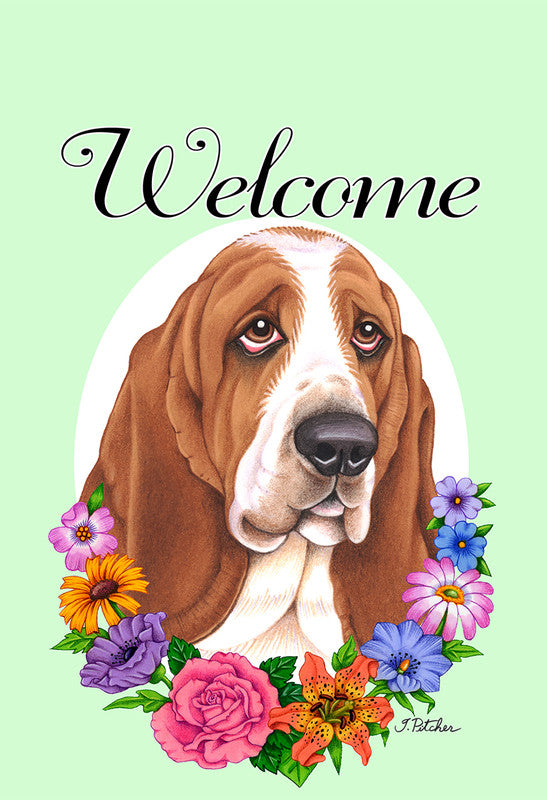 Basset Hound welcome outdoor flag with floral wreath and 'Welcome' text