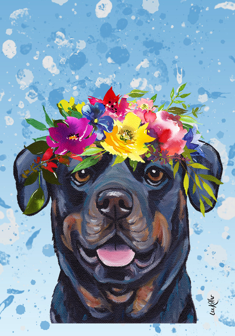 Colorful floral dog portrait flag with crown-style flower headpiece