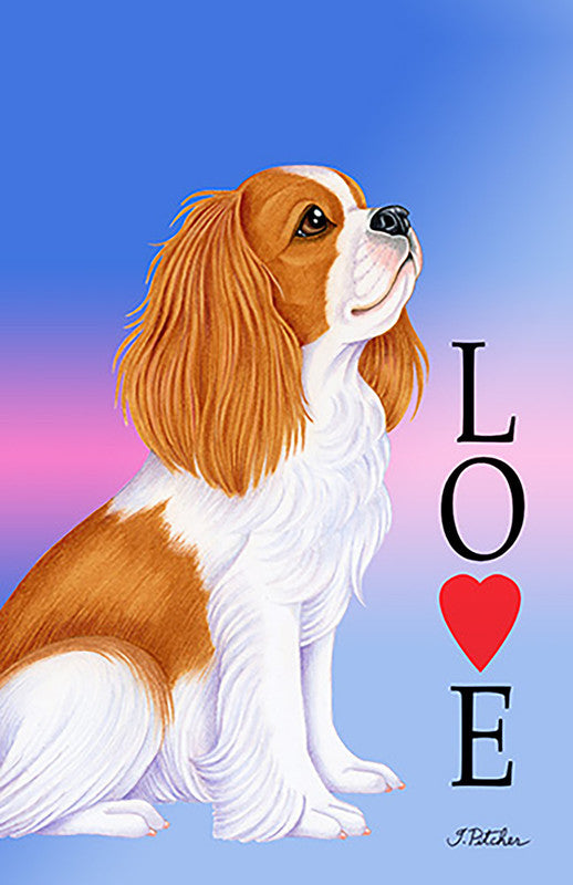 House and garden flag with brown-and-white Labrador portrait and LOVE text with heart