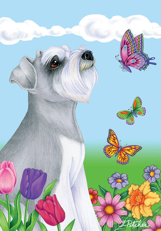 Grey schnauzer garden flag with colorful butterflies and flowers illustration