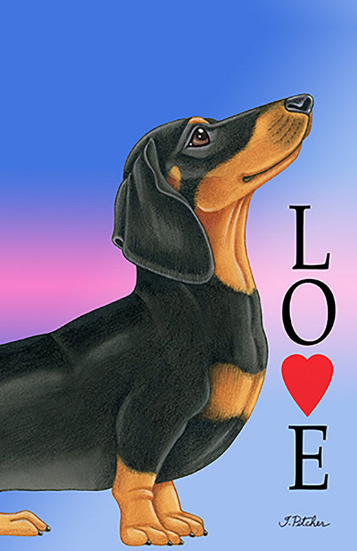 Garden flag with black French bulldog and vertical LOVE text with heart