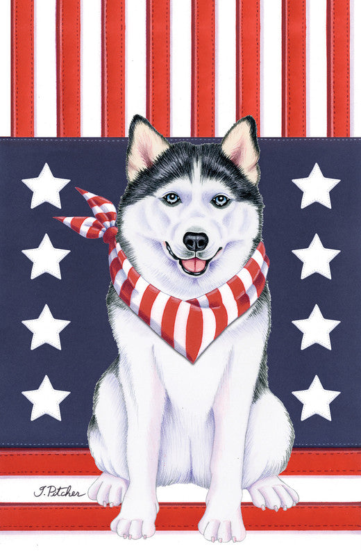 Siberian Husky black-and-white garden flag with red-and-white striped bandana and stars