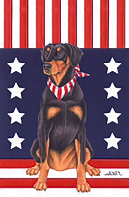Patriot garden flag with doberman in red white striped bandana and stars