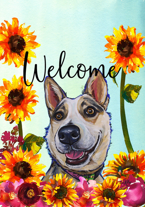 Welcome garden flag with Australian Cattle Dog illustration and bright sunflower flowers