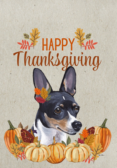Thanksgiving house flag with rat terrier, pumpkins, leaves, and 'Happy Thanksgiving'