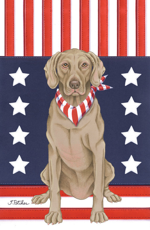 Weimaraner dog summer garden flag with stars, red white stripes, and bow tie