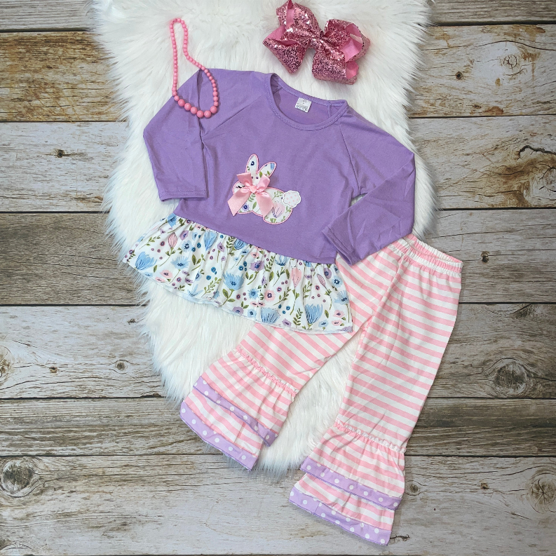 Lilac tunic set with embroidered bunny, floral ruffle skirt, and pink striped pants