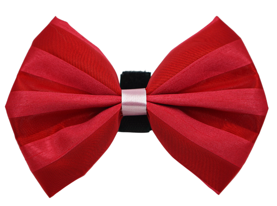 Red tulle bow ribbon with black center band and white stripe detail