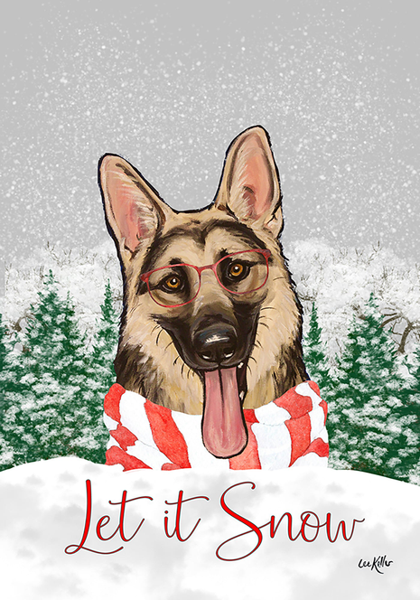 Christmas house flag with German shepherd wearing red-and-white candy-cane scarf, 'Let it Snow'