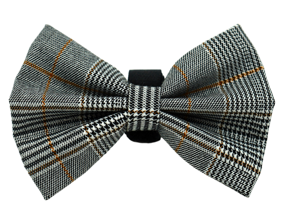 Pets bow ribbon, black and gray houndstooth with orange plaid stripes