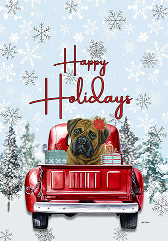 Holiday garden flag with bull mastiff in red truck and “Happy Holidays” script