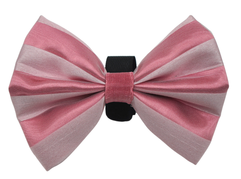 Striped fabric pet bow with pink and light gray ribbon, black center band