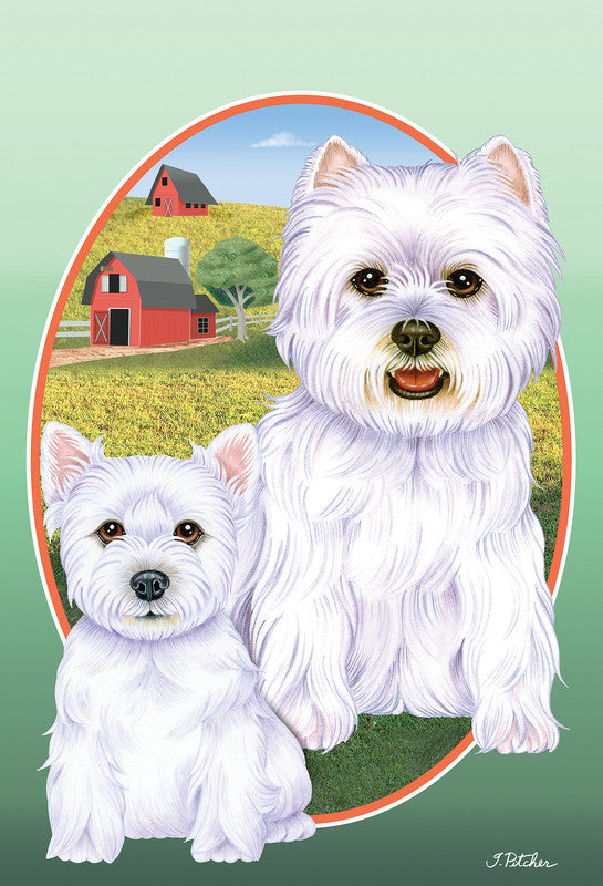 Garden flag featuring two white Westie dogs with farm barn and red border