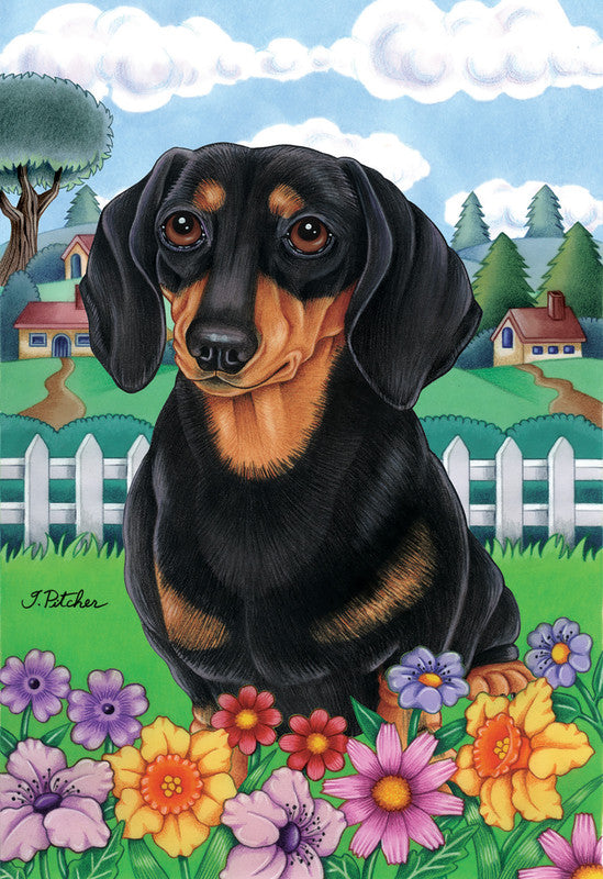 Doberman-themed garden flag featuring a black and tan dachshund with colorful flowers