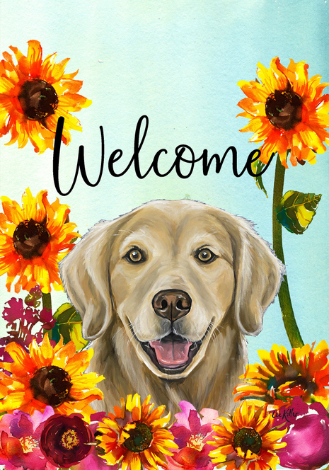 Garden flag with golden retriever face, sunflowers, and “Welcome” text