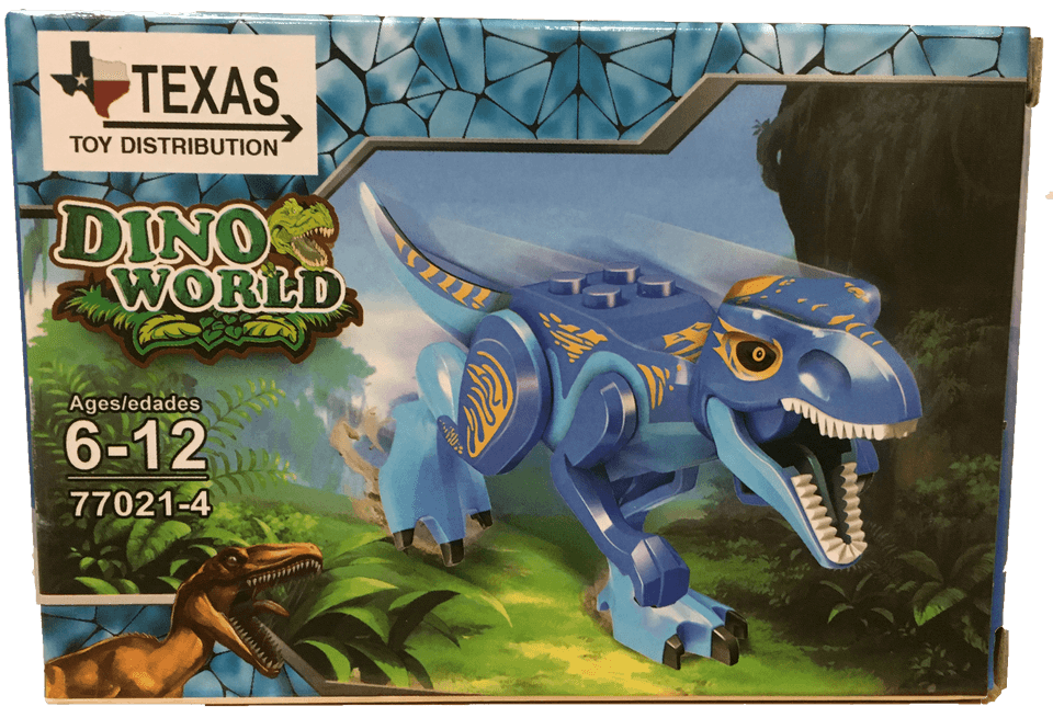 Blue dinosaur brick display set box with two toy dinosaurs, Dino World theme.