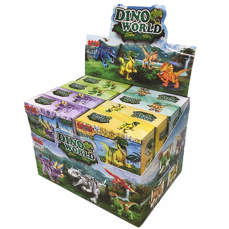 Dino World dinosaur brick set multipack display with several boxed dinosaur figures.