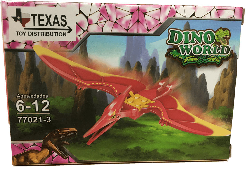 Red dinosaur brick display set box with two toy dinosaurs, Dino World theme.