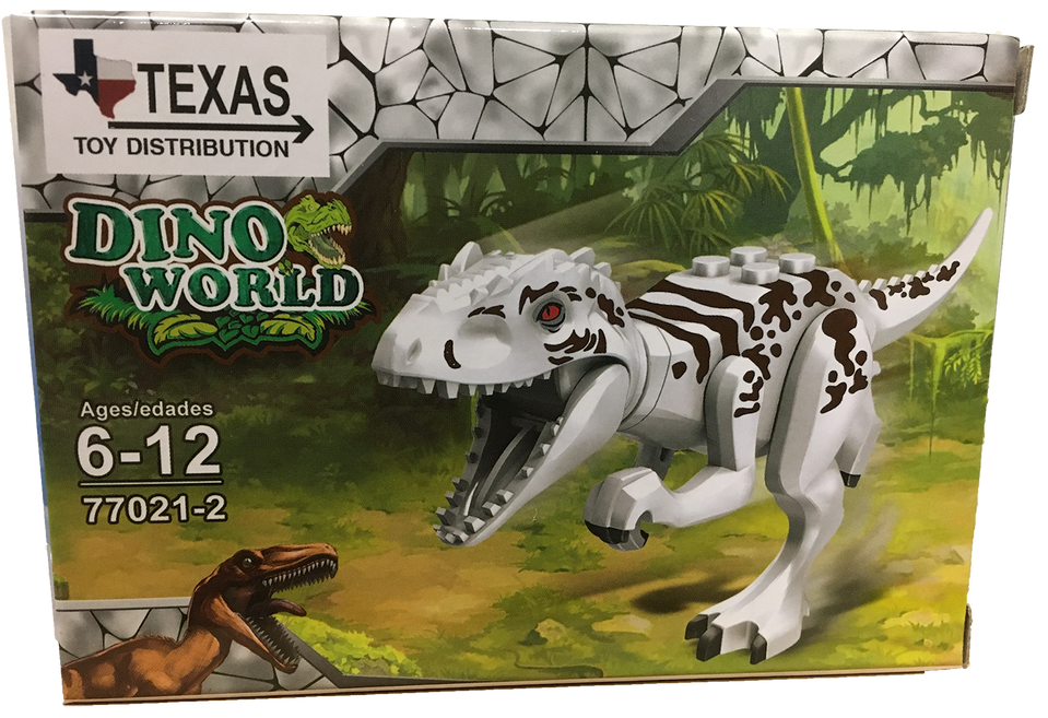 White and black dinosaur brick display set box with two toy dinosaurs, Dino World.