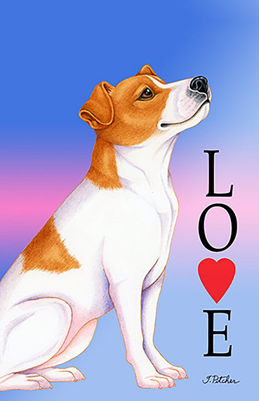 Jack Russell garden flag with orange and white dog, red heart, and vertical LOVE text