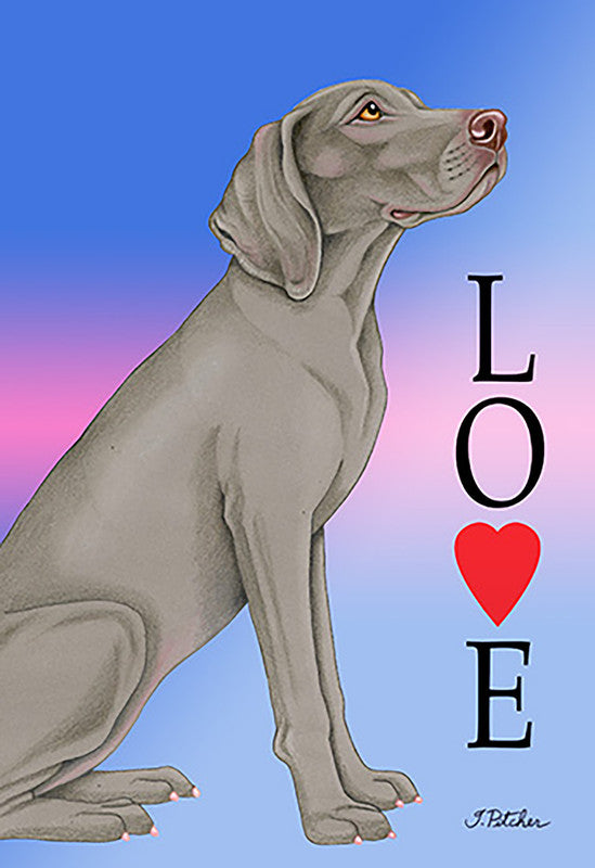 Weimaraner garden flag with LOVE lettering and red heart, summer beach design