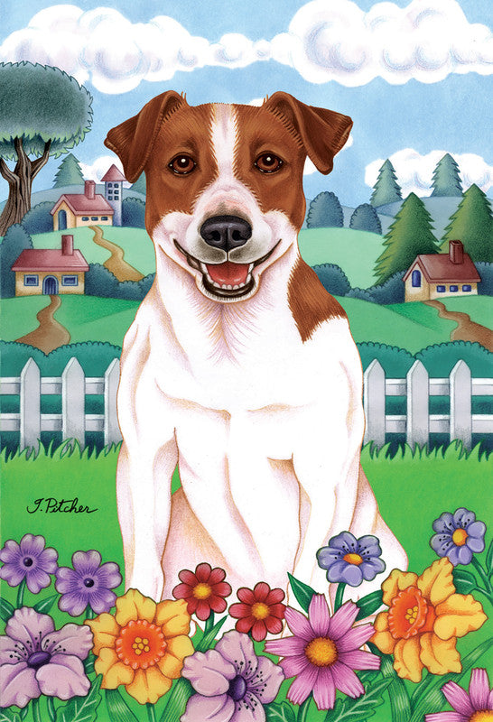 Garden flag with a brown-and-white Lhasa Apso portrait above colorful flowers