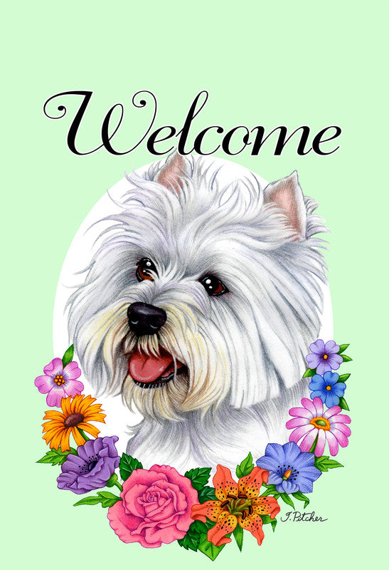 Welcome garden flag with white Westie dog, colorful flowers, and “Welcome” text