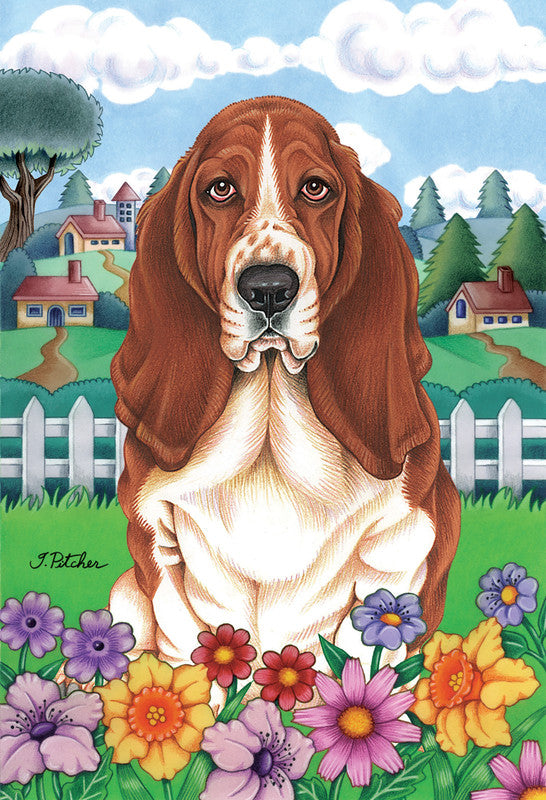 Outdoor flag featuring a red-and-white basset hound face above colorful spring flowers