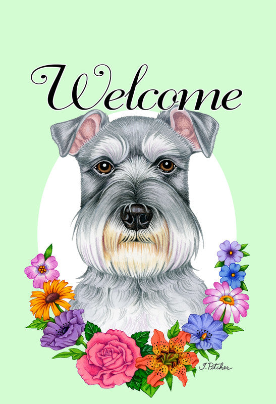 Garden flag with gray schnauzer head and Welcome text surrounded by colorful flowers