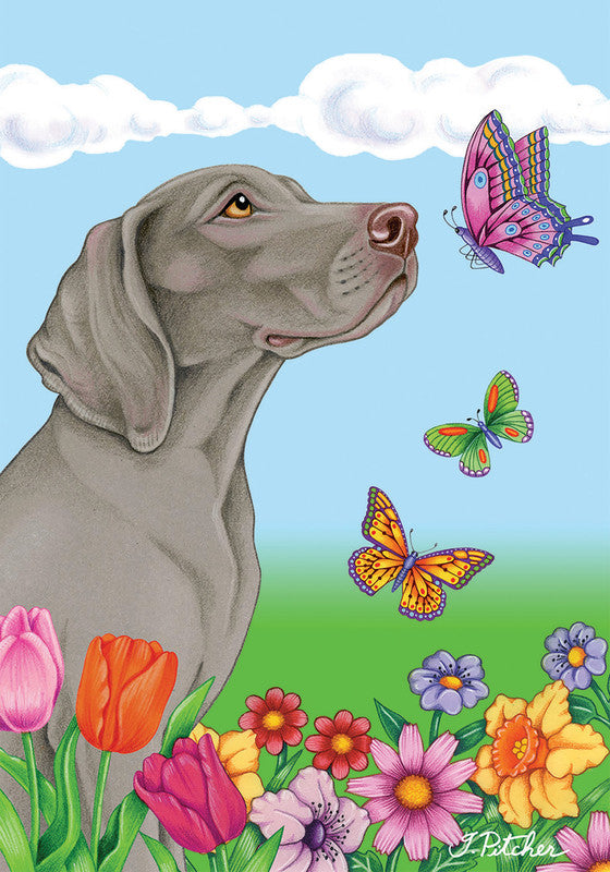 Tomoyo Pitcher Weimaraner summer garden flag with dog, colorful flowers and butterflies