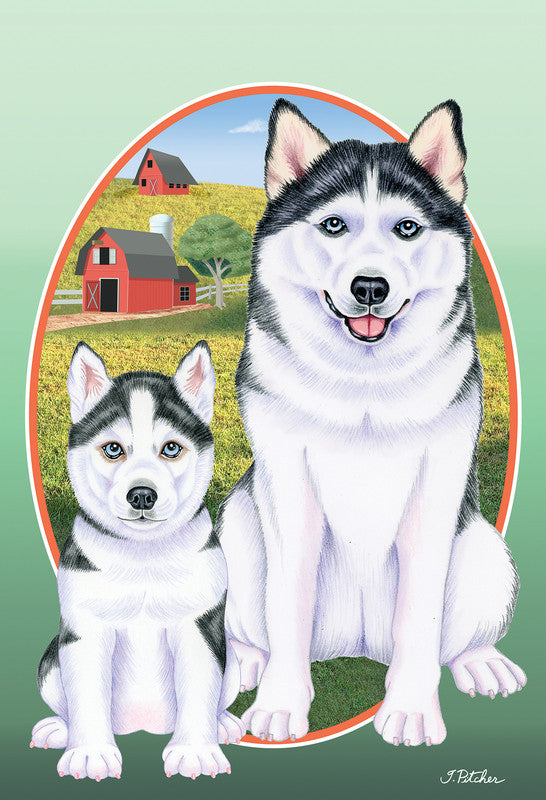Siberian Husky garden flag: two black-and-white huskies in an oval border
