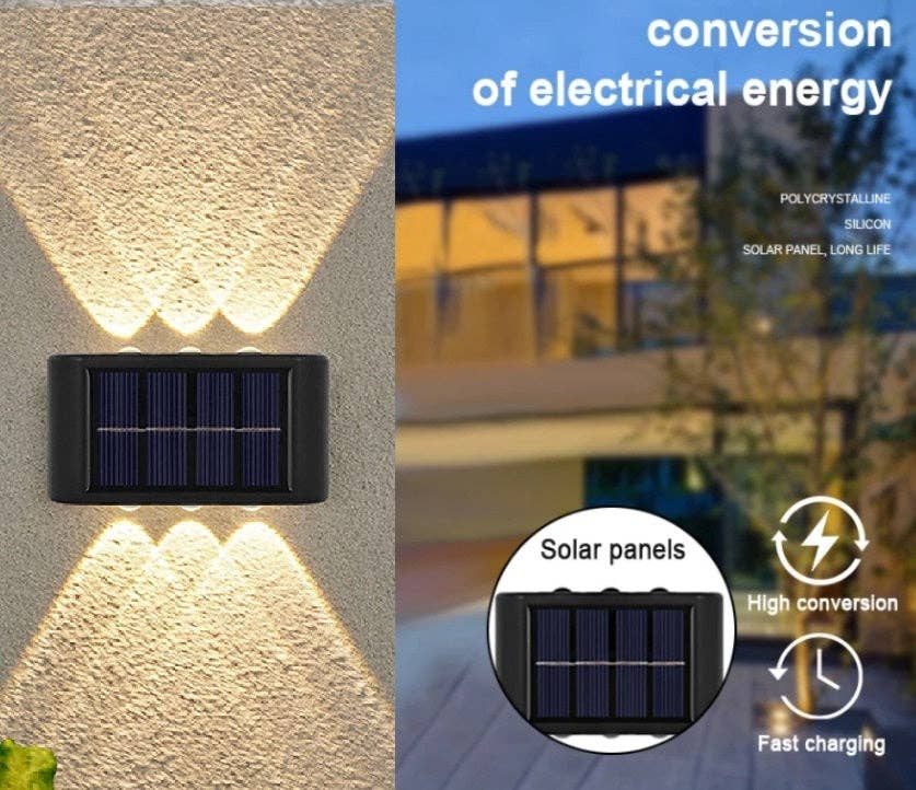 Black solar wall LED light on wall, with close-up inset of solar panel cells