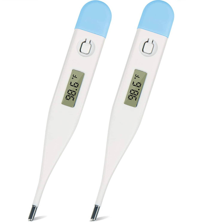 Digital oral thermometer with blue cap and green LCD screen, white body