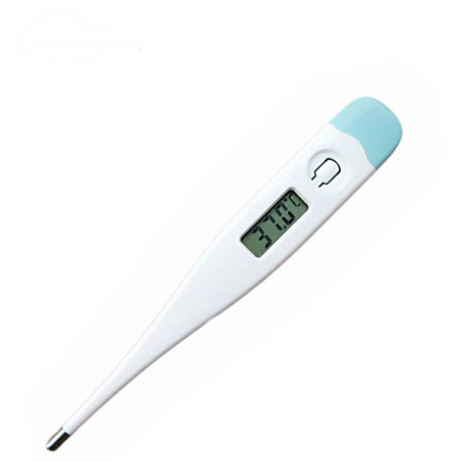 Digital oral thermometer with blue tip, white body, and green LCD display