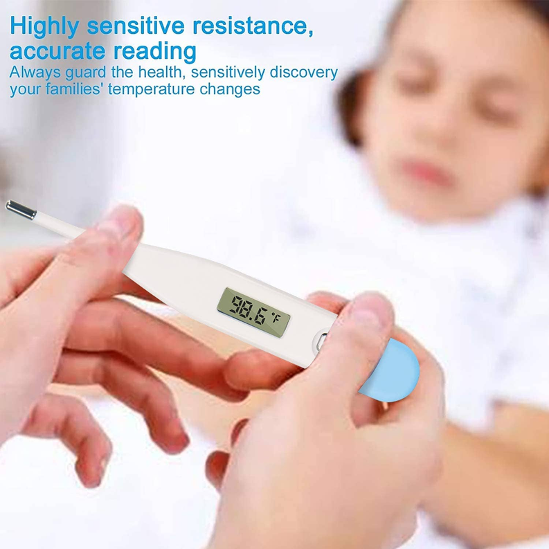 Digital oral thermometer held near child's mouth, green LCD temperature reading visible