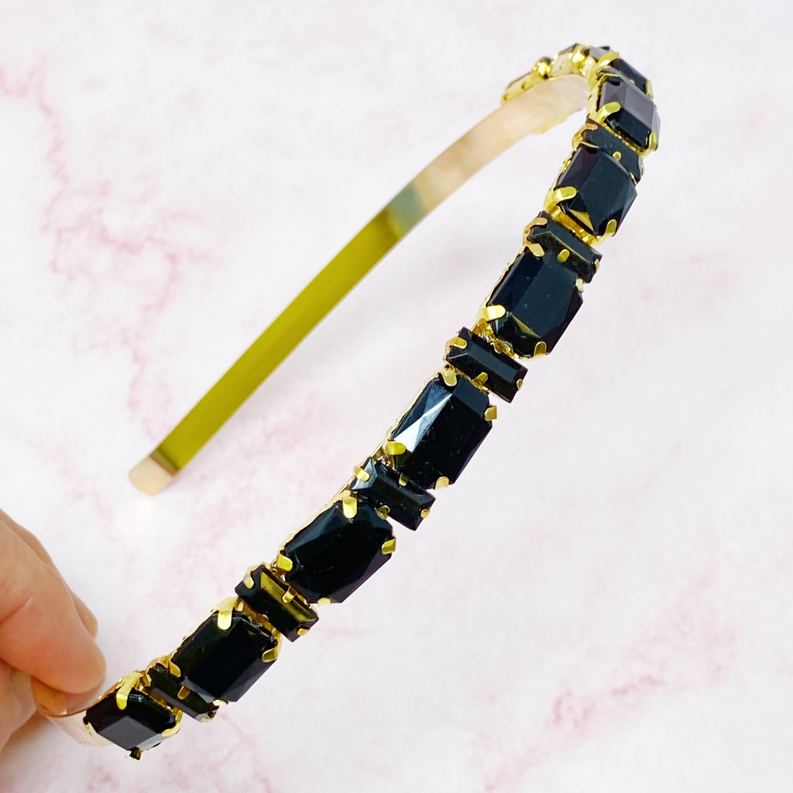 Dark blue square-stone row headband with gold-tone links