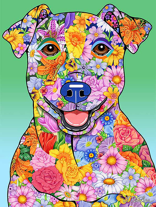 Colorful dog garden flag with close-up portrait surrounded by flowers