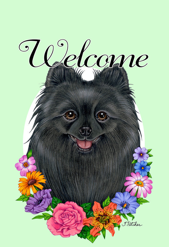 Welcome garden flag with black Pomeranian head and colorful flower wreath