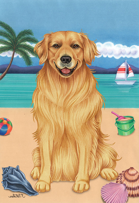 Summer beach garden flag featuring a tan long-haired dog with ocean and sailboat